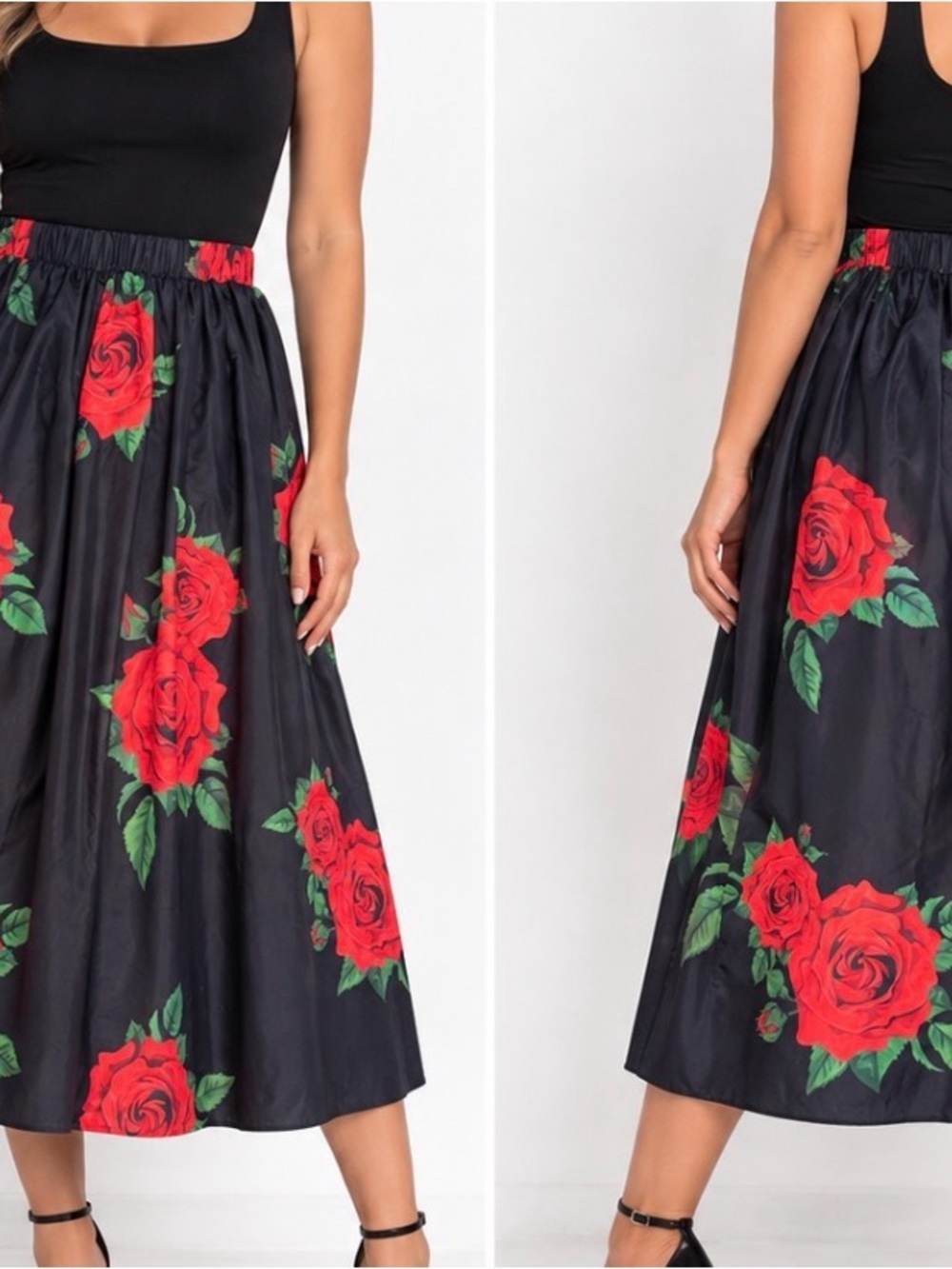 Women’s Black Red Rose Floral Midi Skirt High Waist Full A-Line Romantic SZ SM